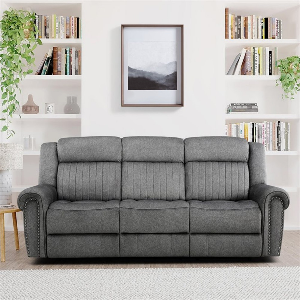 Bowery Hill Wood  ampMicrofiber Power Double Reclining Sofa in Charcoal   Transitional   Sofas   by Homesquare  Houzz