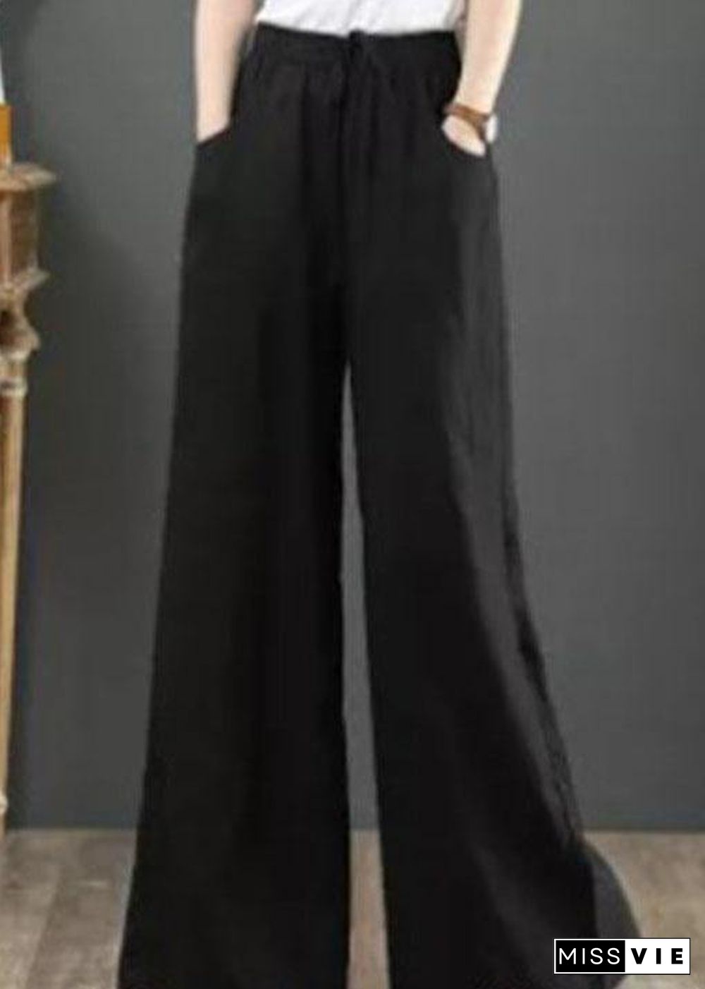 Women Solid Color Elastic Waist Drawstring Wide Leg Pants With Pocket