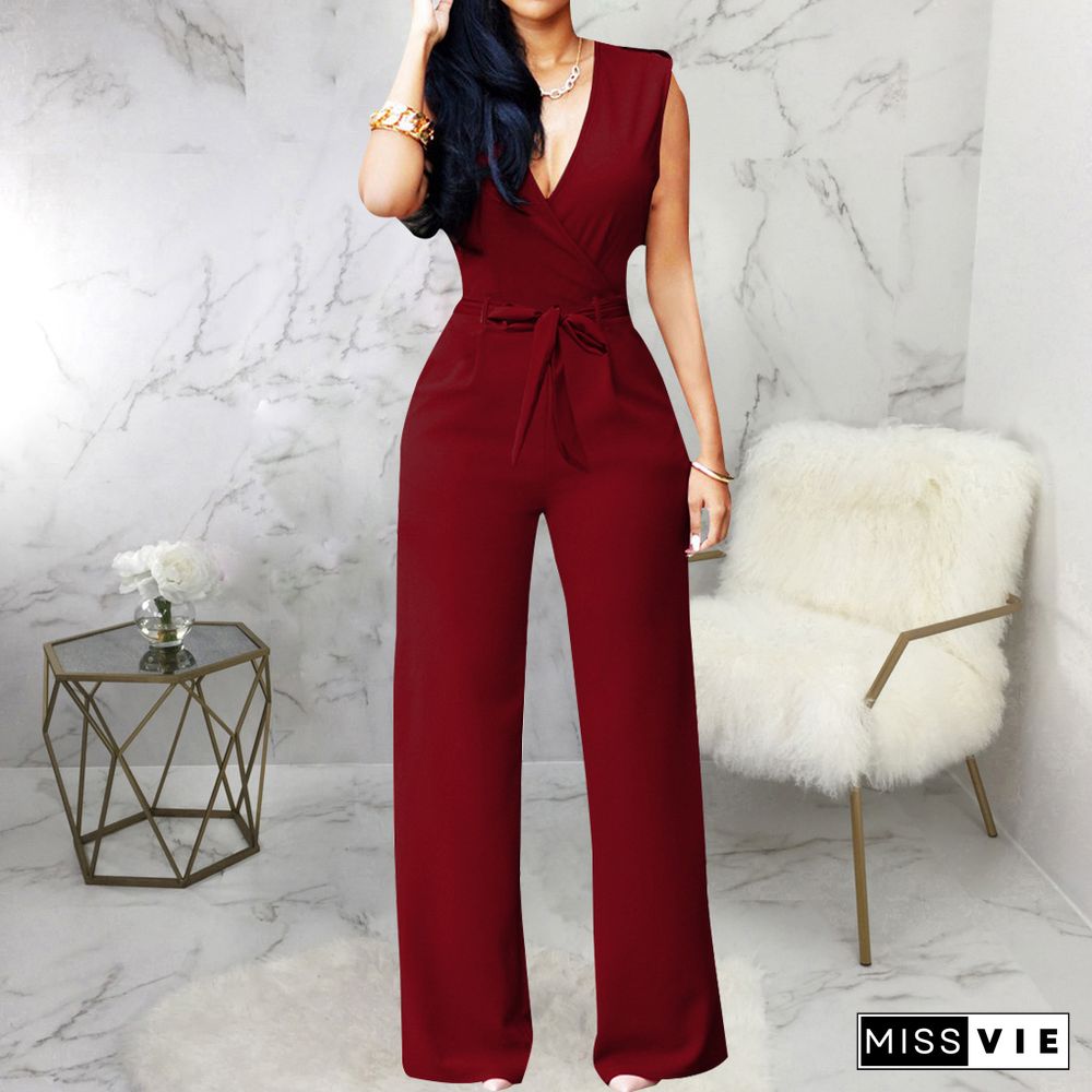 V Neck with Sashes Elegant Straight Leg Jumpsuits