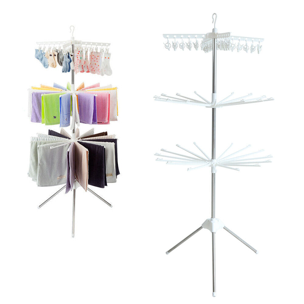 Miumaeov 3 Tier White Clothes Drying Rack 360 ° Rotatable Collapsible Stainless Laundry Dryer Hanger with Foldable Wings Garment Laundry Rack for Indoor/Outdoor 27x27x67 Inch