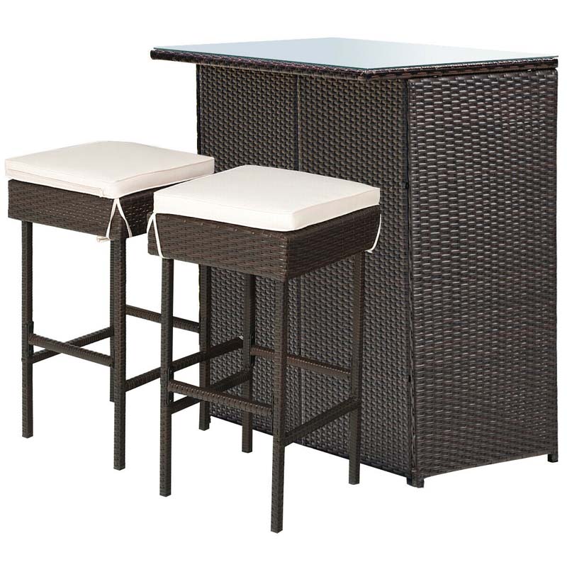 3 Pcs Rattan Patio Bar Dining Set Outdoor Counter Height Table Set with Cushioned Stools & Glass Top Table