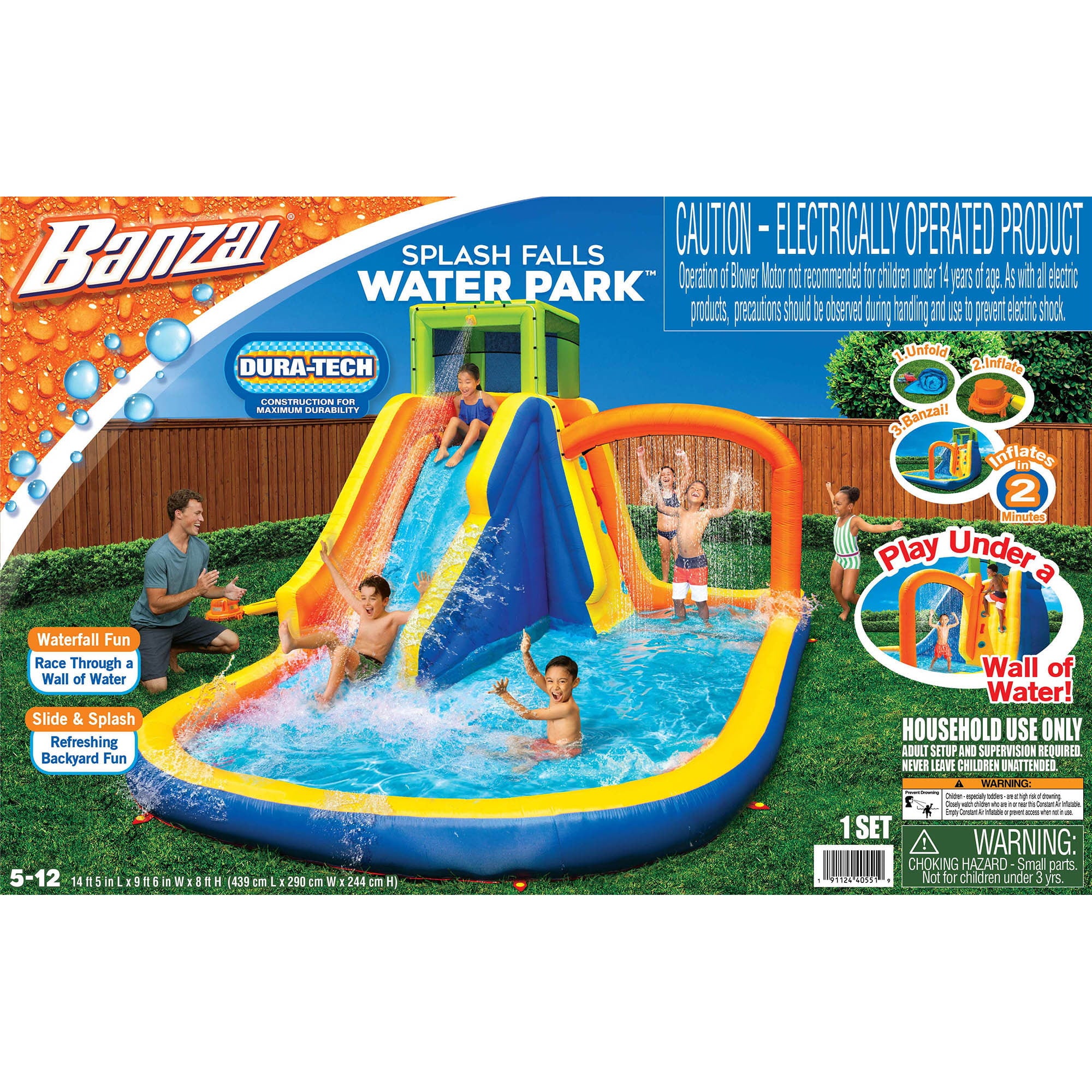 Banzai Backyard Splash Falls Water Park Inflatable Bouncer w/ Blower