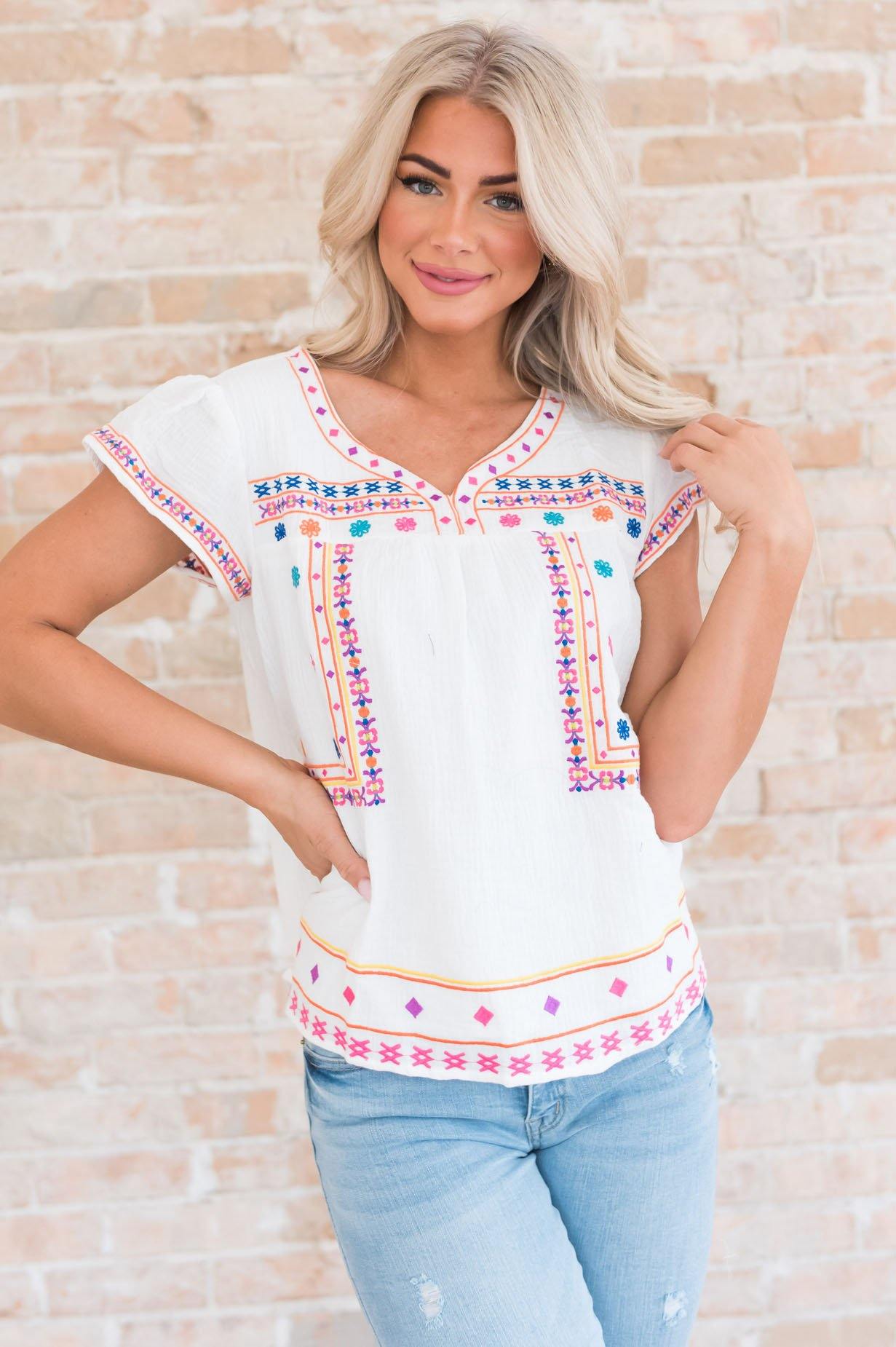 Cancun Cutie Modest Embroidered Blouse