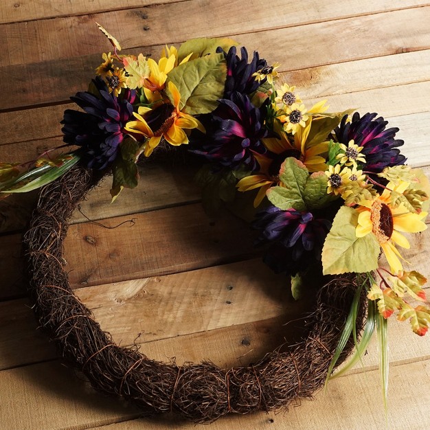 Northlight Sunflower And Mum Twig Autumn Artificial Floral Wreath 20 inch