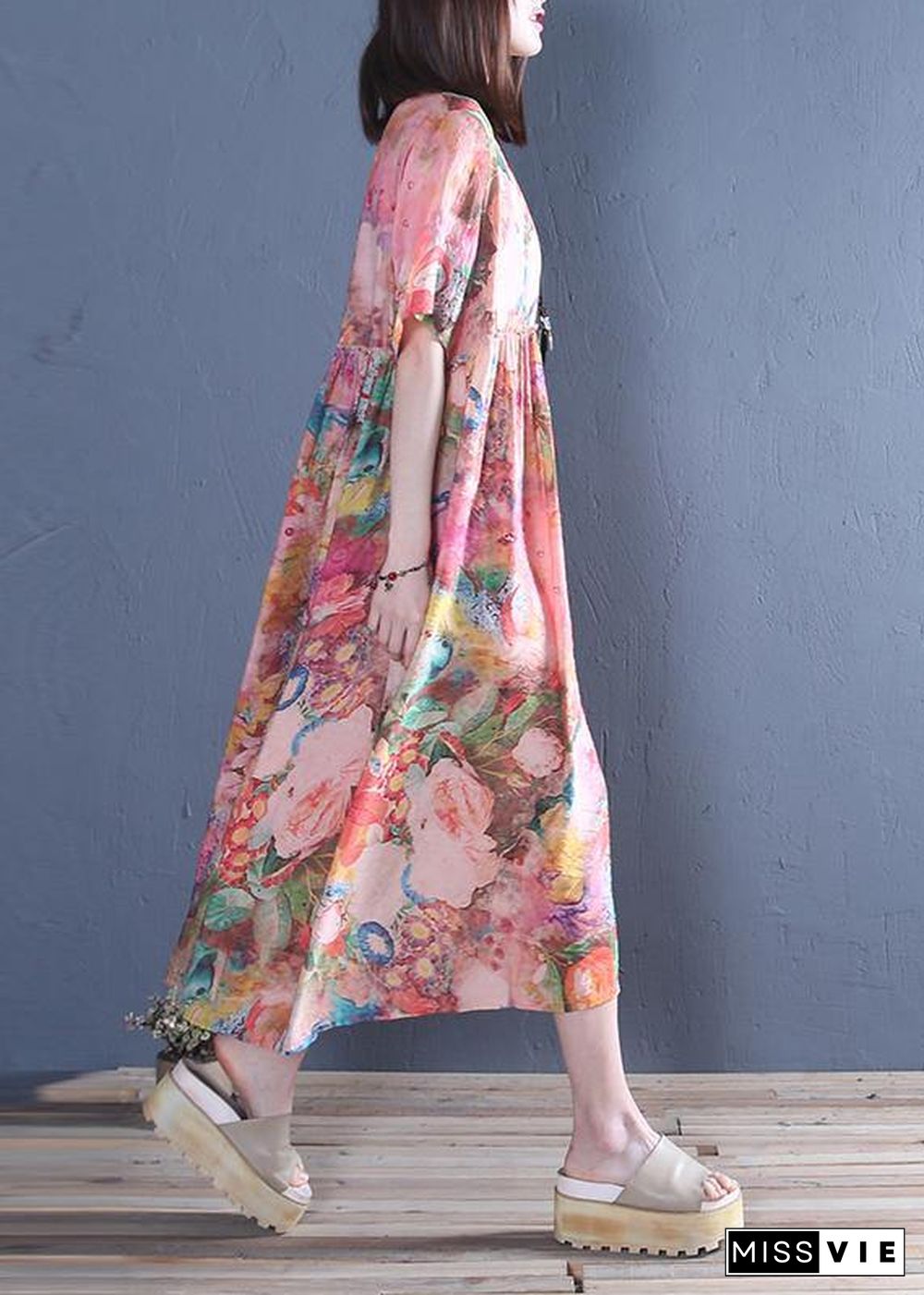 Style o neck Cinched cotton tunic dress Fashion pink print Maxi Dress