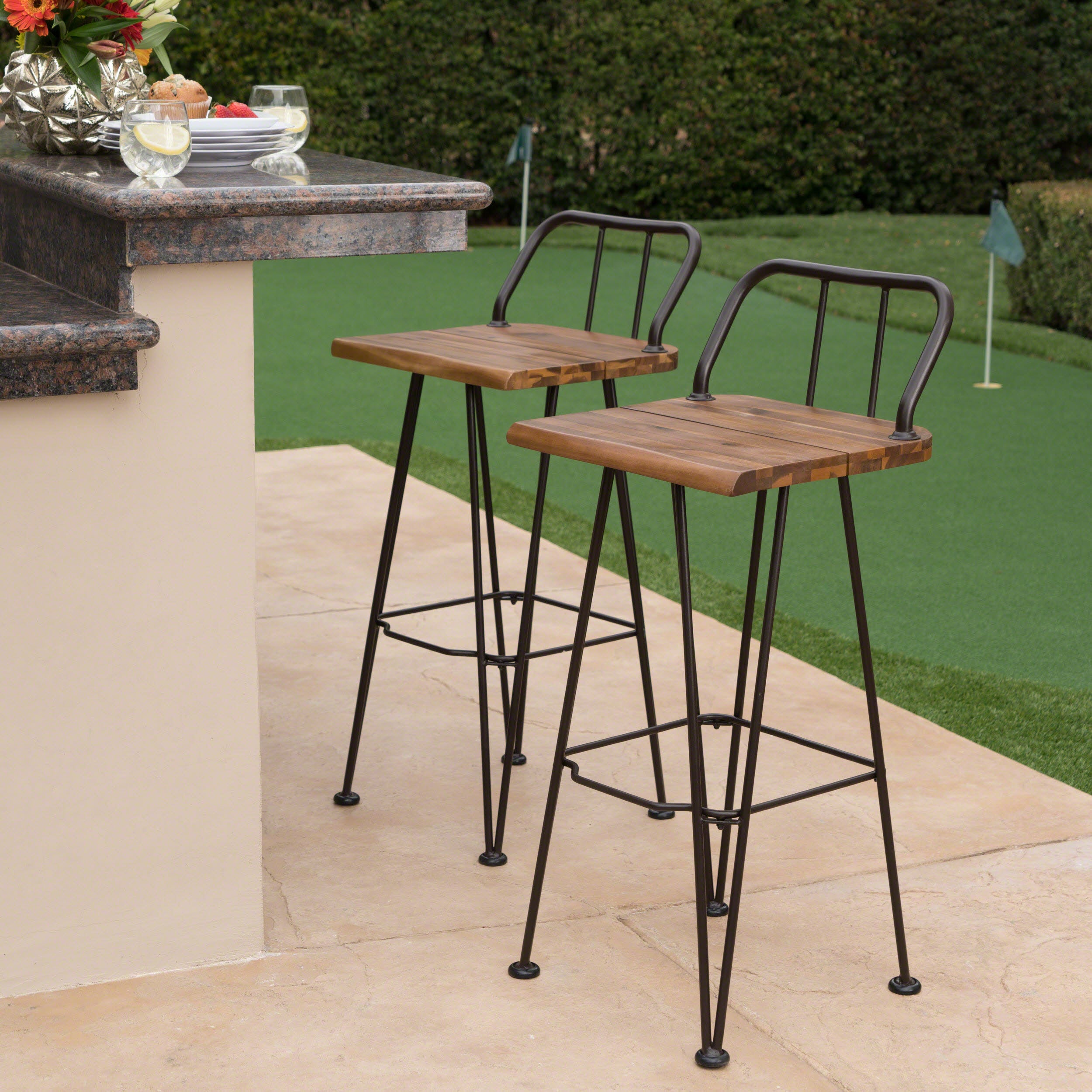 Leonardo Outdoor Industrial Teak Finished Acacia Wood Barstools with Iron Frame