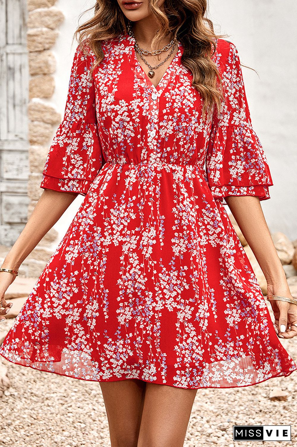 V Neck Buttoned Down High Waist Floral Dress