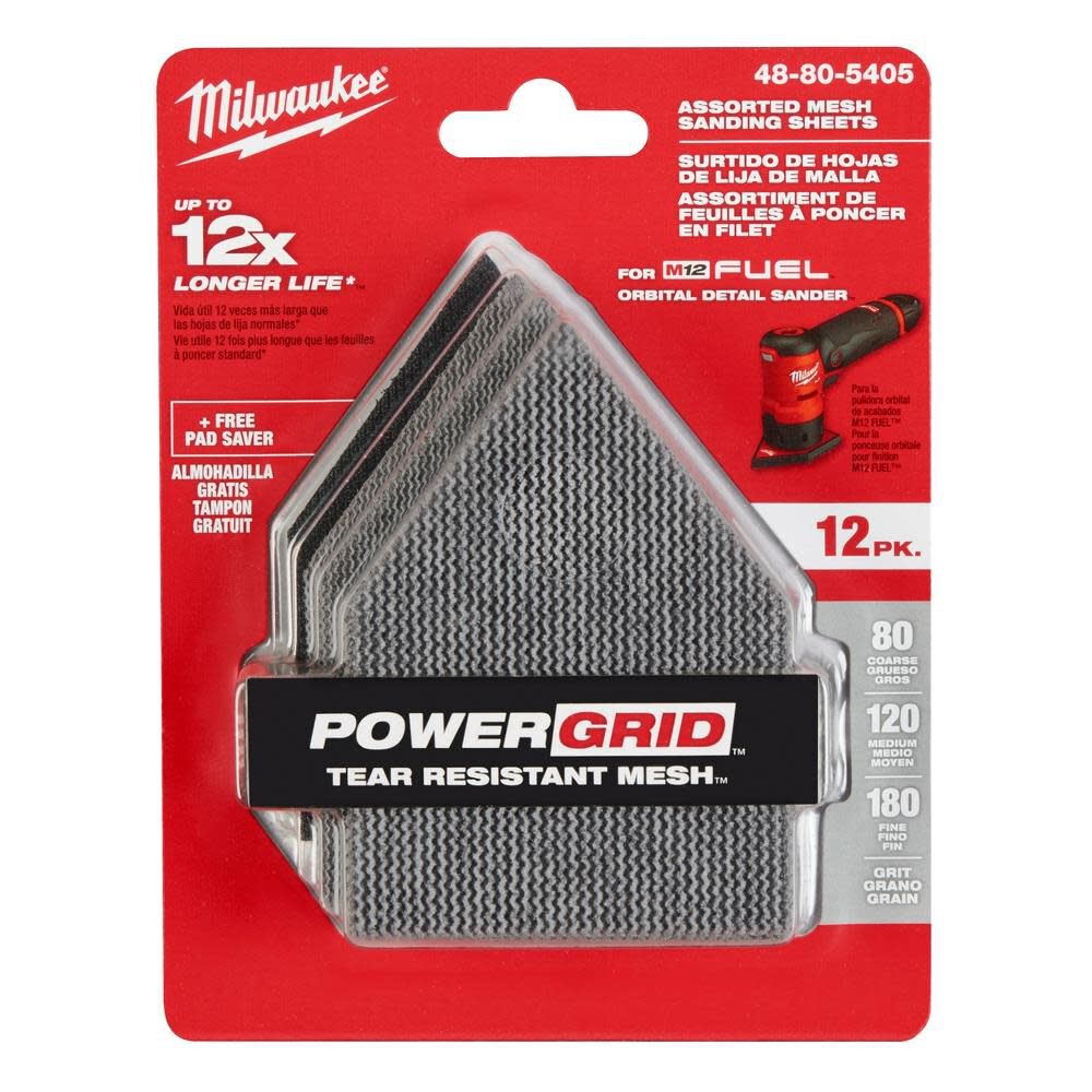 MW Assorted 80 120 and 180 Grit Mesh Sanding Sheets for M12 Orbital Detail Sander 12pk 48-80-5405 from MW