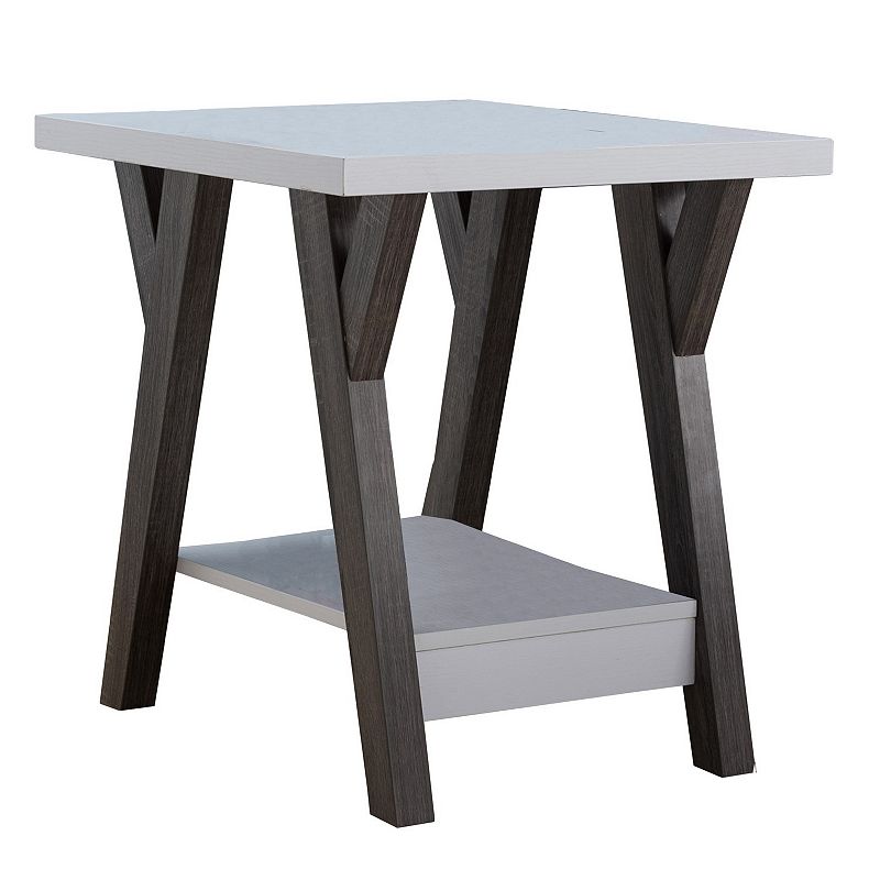 22 Inch Two Tone End Table with Bottom Shelf， White and Gray