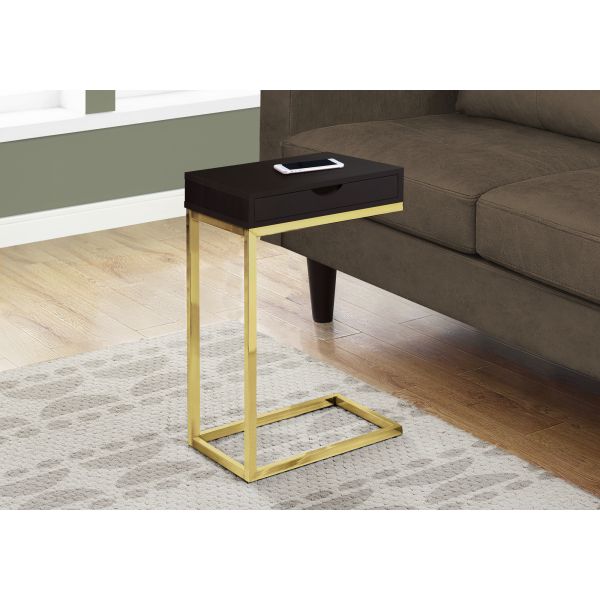 Accent Table， C-shaped， End， Side， Snack， Storage Drawer， Living Room， Bedroom， Brown Laminate， Gold Metal， Contemporary， Modern