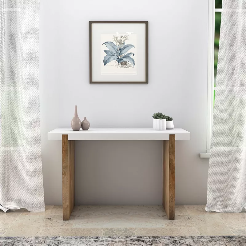 Kerry 48 Inch Rectangular Mango Wood Console Table， Sled Base， Glossy White， Natural Brown