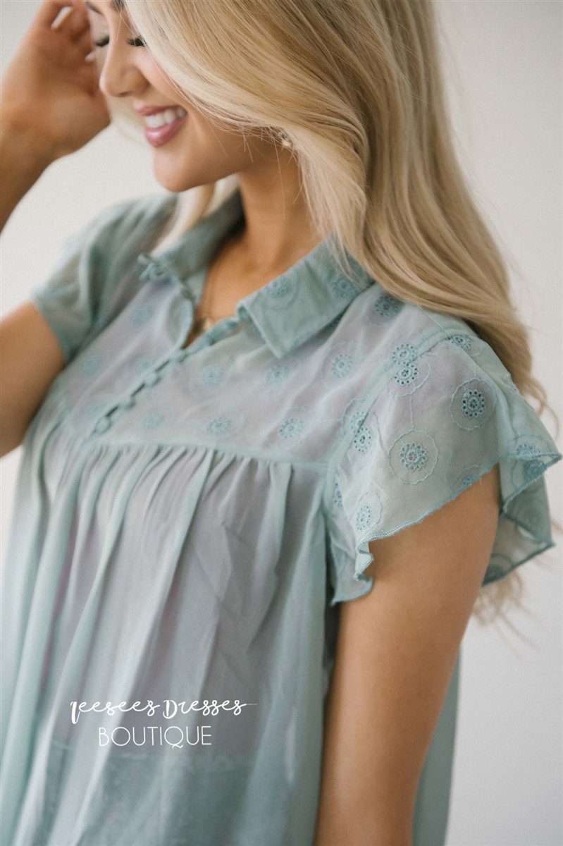 Embroidered Button Front Placket Top