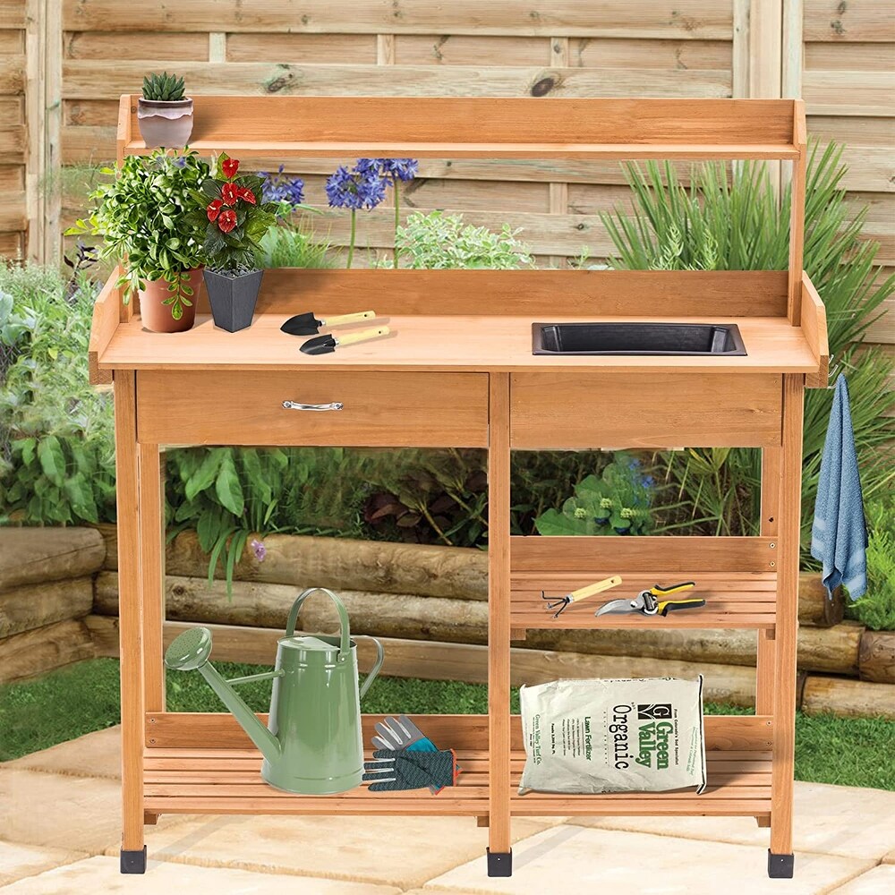 MCombo Potting Bench with Dry Sink  Drawer  Storage Shelves  Wood 0458   N/A