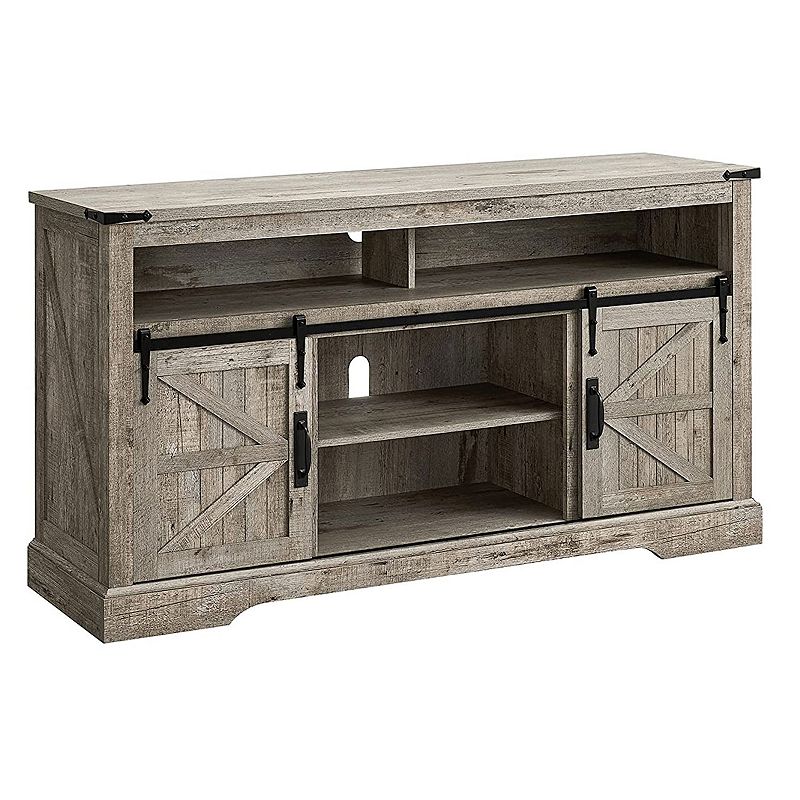 OKD 60-Inch Sliding Barn Door Wooden Farmhouse Highboy TV Table Stand， Light Oak