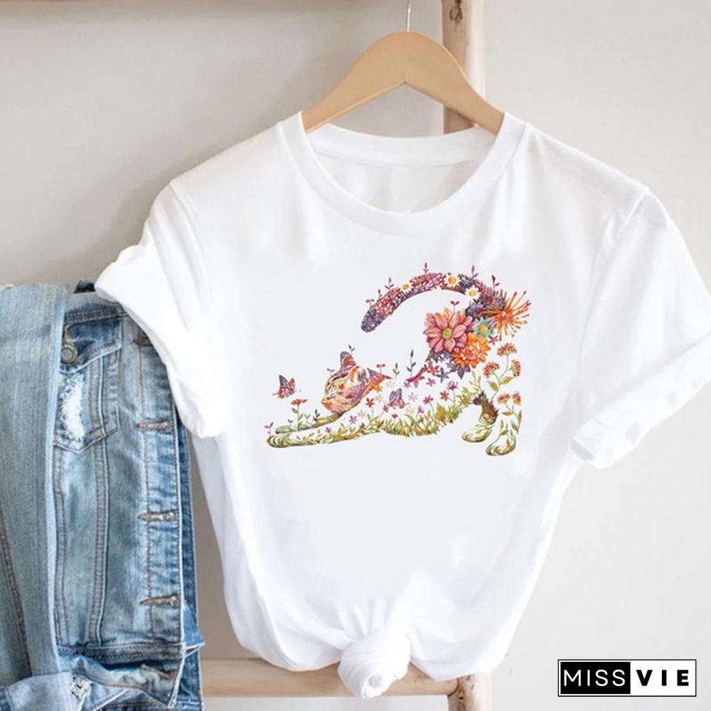 cat flower plant spring new clothing tee top tshirt fashion clothes women short sleeve summer print lady female T casual cartoon graphic t-shirt