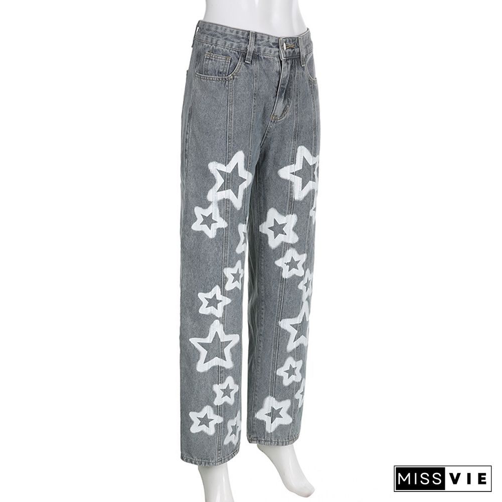 Street Pentagram Print Washed Straight Jeans