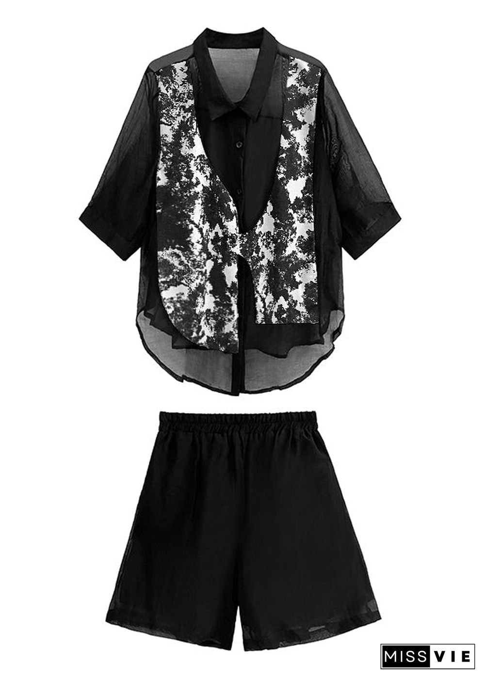 Chic Black Tie Dye Patchwork Shirts And Shorts Cotton Two Piece Set Summer