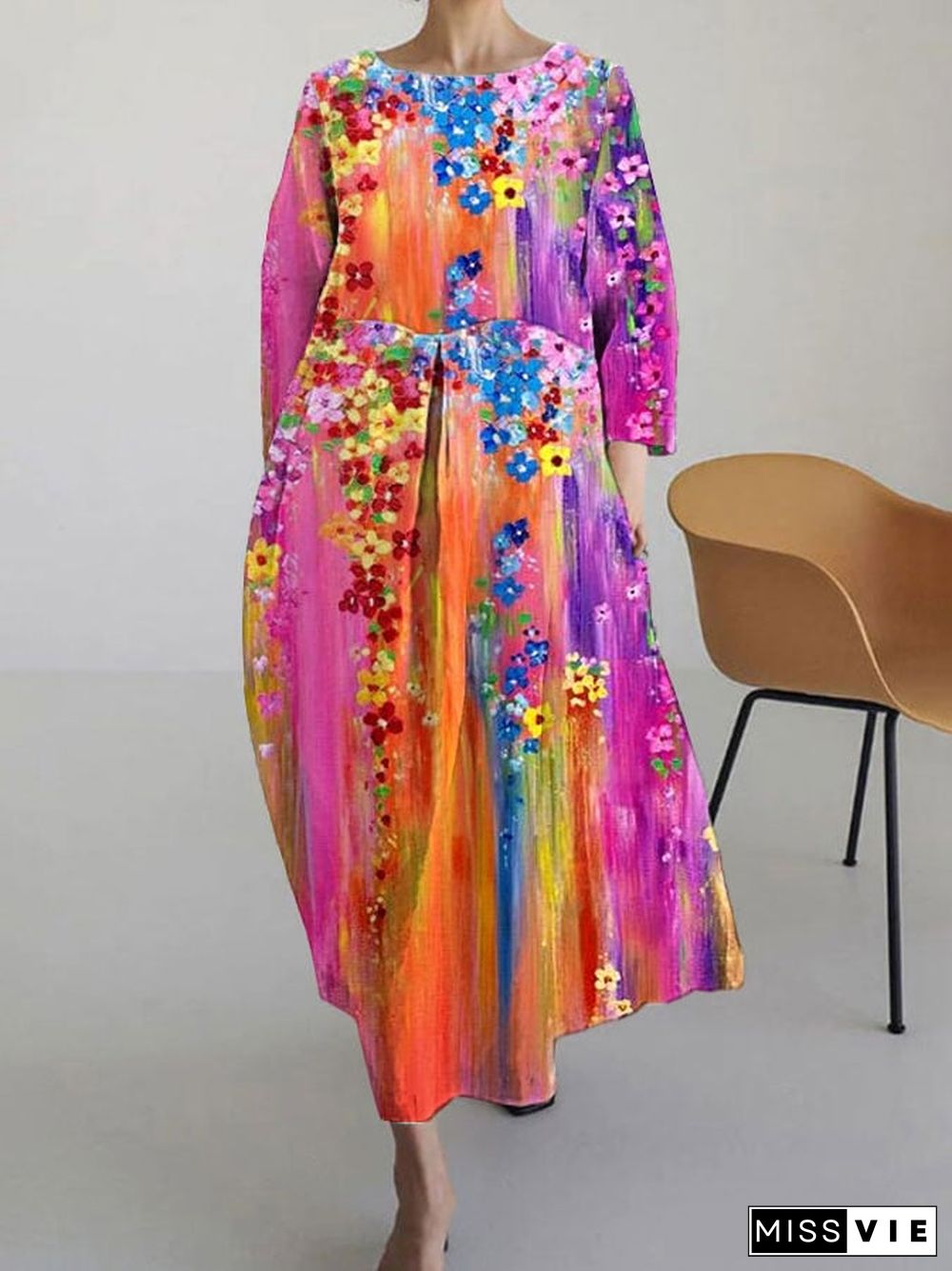 Women's Oil Painting Floral Print Casual 3/4 Sleeve Dress