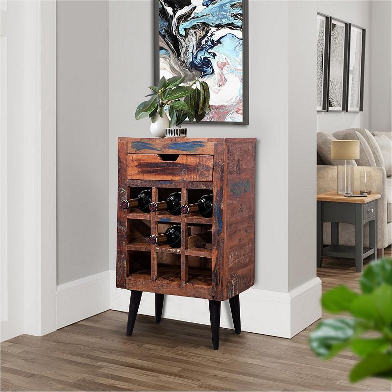 9 Bottle Storage Wine Rack Cabinet with 1 Drawer and Angled Metal Legs， Brown