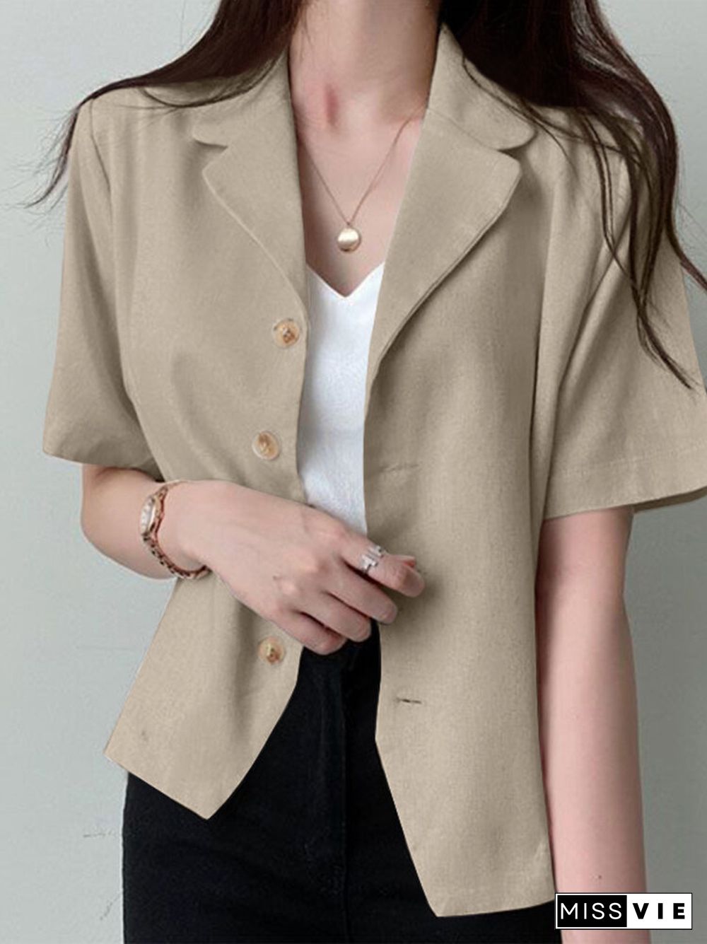 Solid Button Front Lapel Short Sleeve Casual Blazer