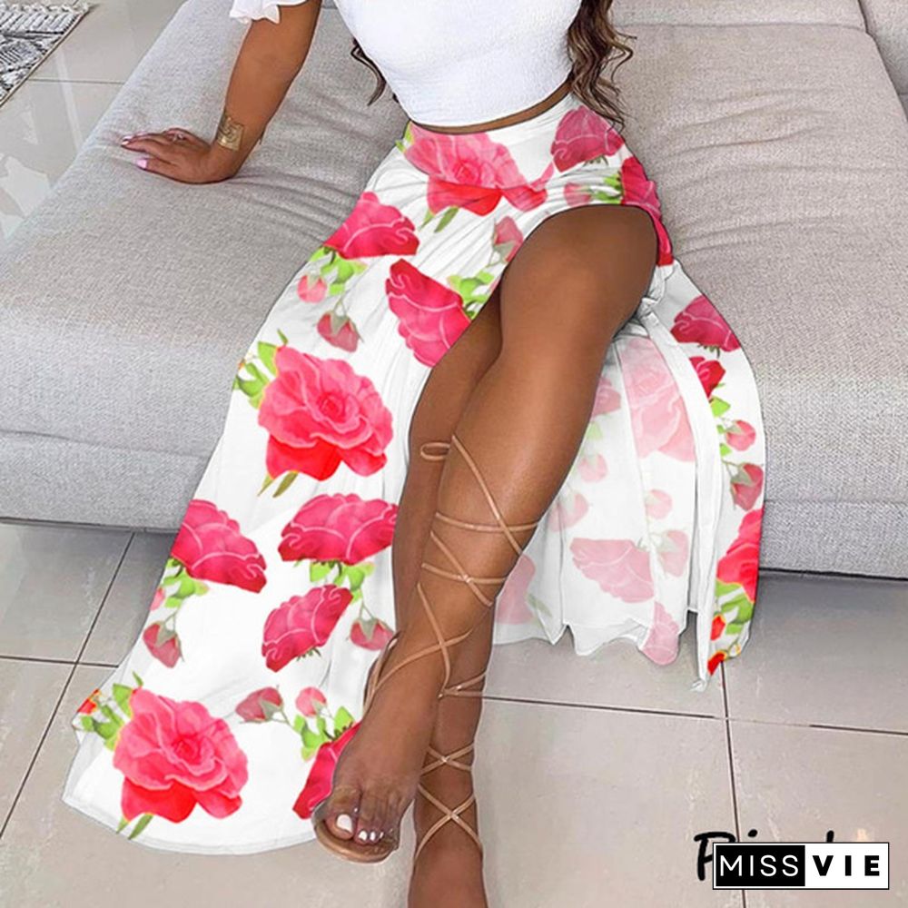 XS-5XL Fashion Summer Women Elegant Two Pieces Sets Cropped Top & Split Skirt Temperament Drop-shoulder Frilled Top and High Waist Split Dress