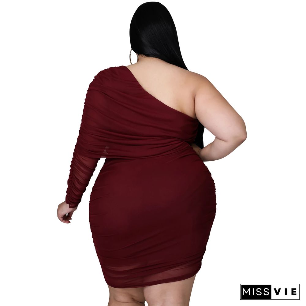 Plus Size Mesh Solid Single Sleeve Bodycon Dress