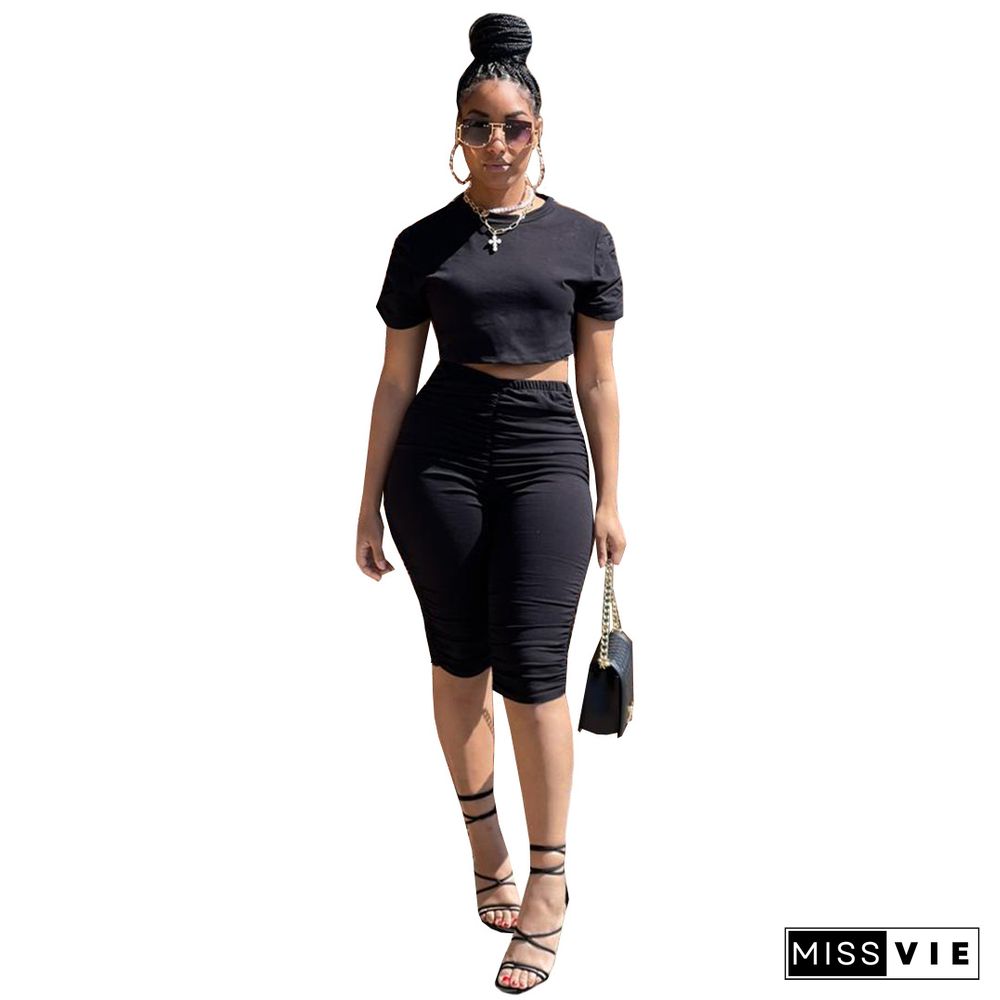 Solid Short Sleeve O Neck Crop T Shirt Tops Bodycon Pleated Shorts Summer Casual Women 2 Piece Set