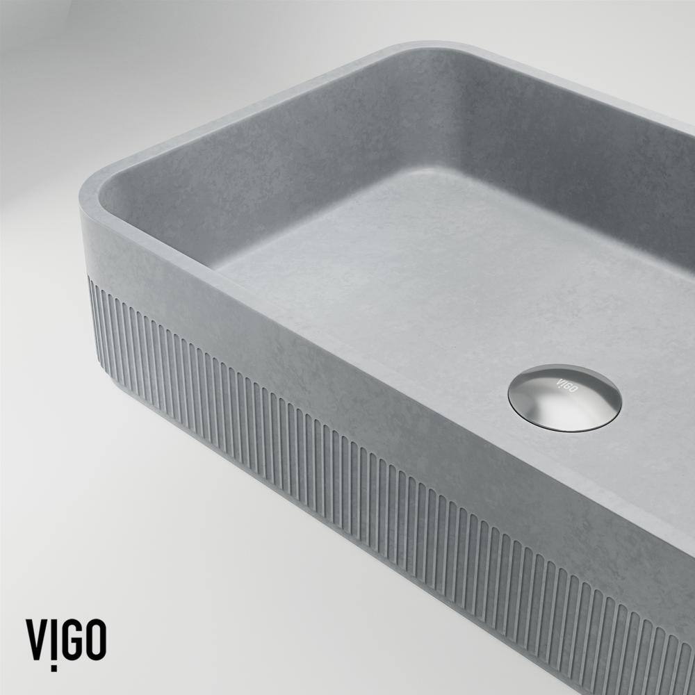 VIGO Cypress Modern Gray Concreto Stone 21 in. L x 14 in. W x 5 in. H Rectangular Fluted Bathroom Vessel Sink VG04075