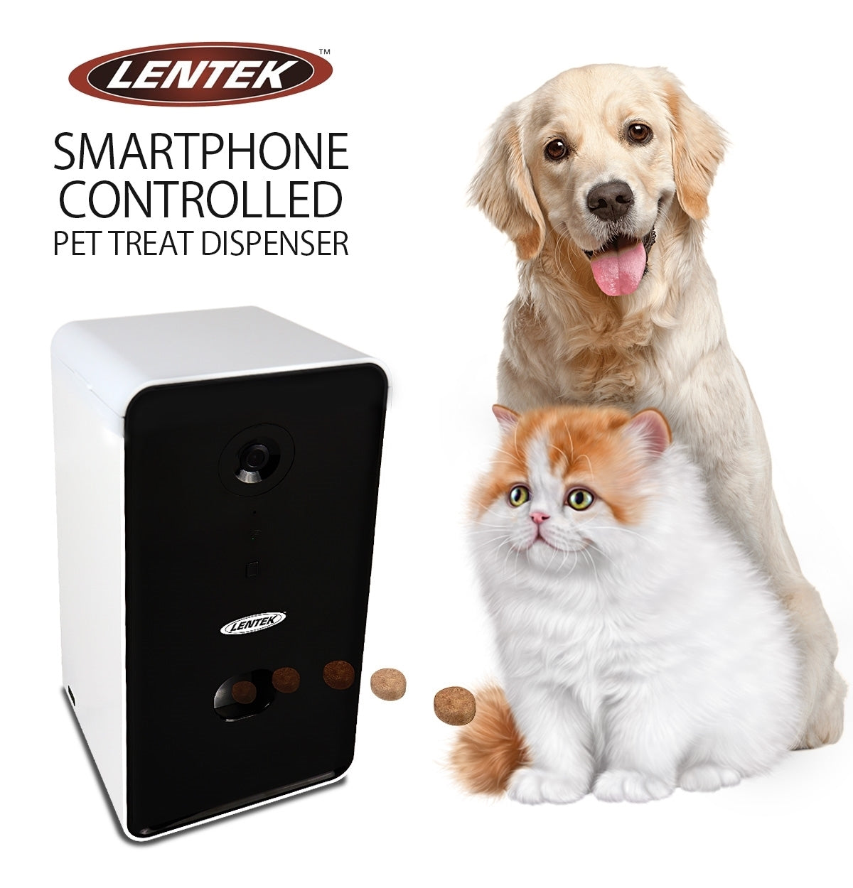 Lentek Smartphone-Controlled Pet Treat Dispenser with Camera and Two-Way Communication， WiFi-Enabled Programmable Treat Dispenser， 10 oz. Capacity， for Cats， Dogs， Rabbits， and more