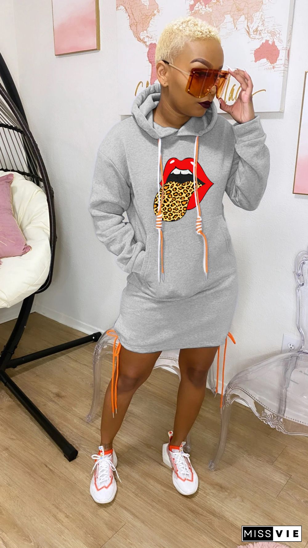 Winter Long Sleeve Print Thickened Irregular Hoodie Dress