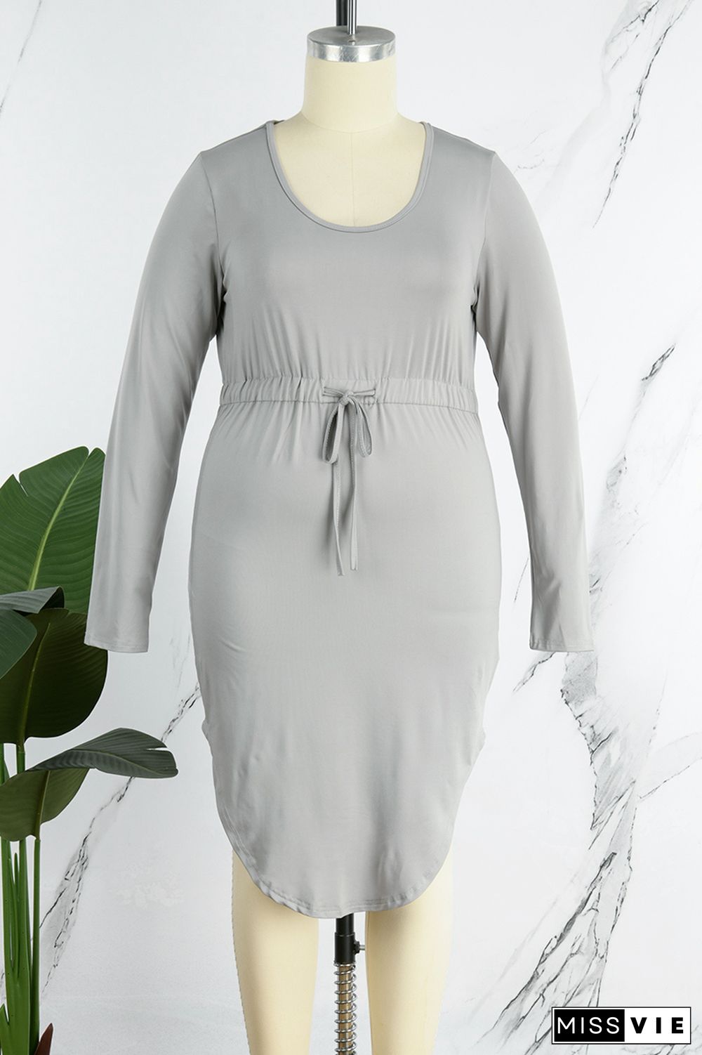 Grey Casual Solid Basic U Neck Long Sleeve Plus Size Dresses