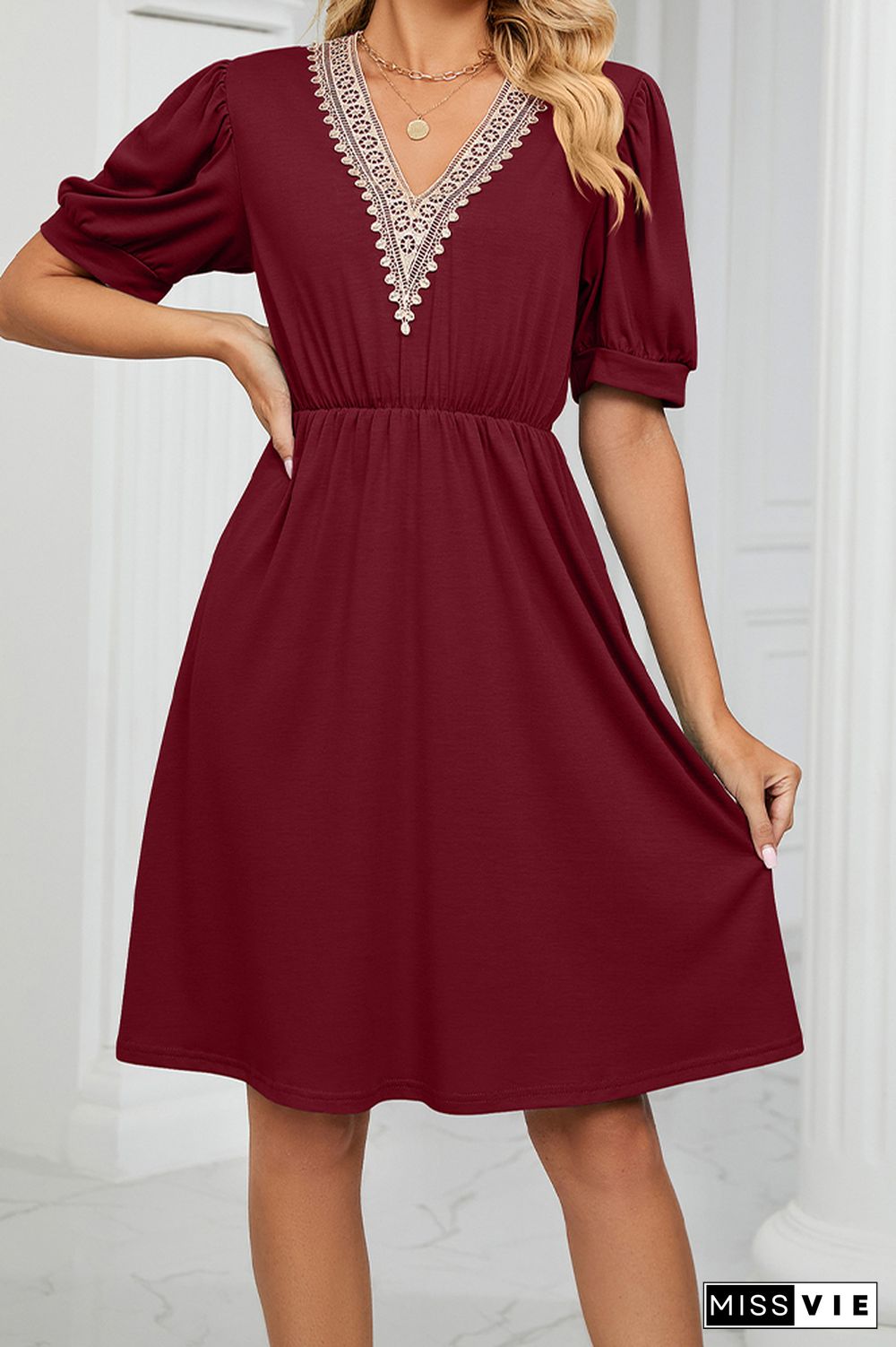 V Neck Lace Edge Pockets T-Shirt Dress