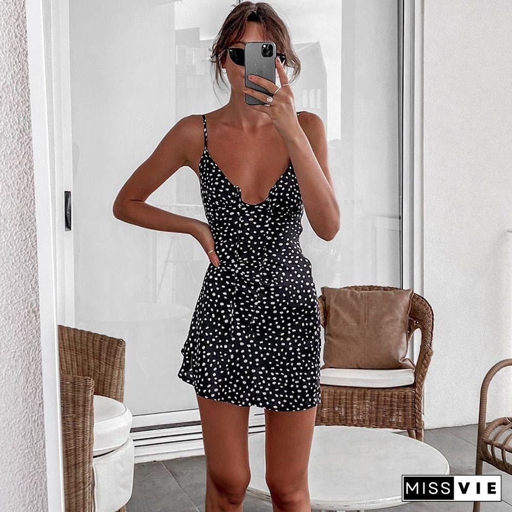 Back To School Outfits  Women Polka Dot Dress Stylish Summer Open Front Lace-Up Backless Short Dress Chic Ladies Spaghetti Strap Short A-Line Dress Summer Dresses For Women