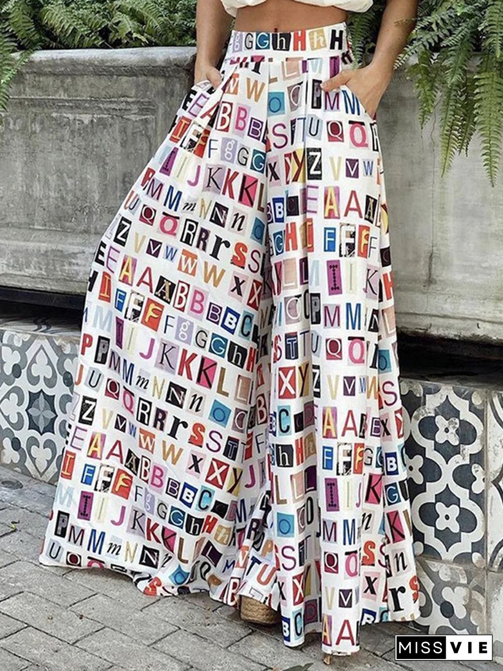 Loose Wide Leg Contrast Color Letter Print Casual Pants Bottoms