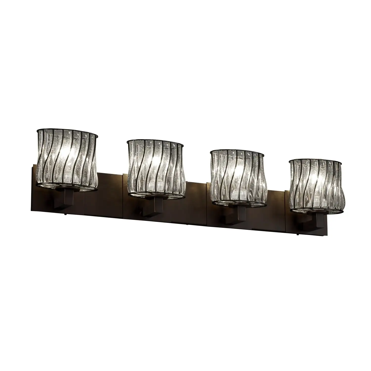 Justice Design Wire Glass Modular 4-light Dark Bronze Bath Bar, Swirl with Clear Bubbles Oval Shade