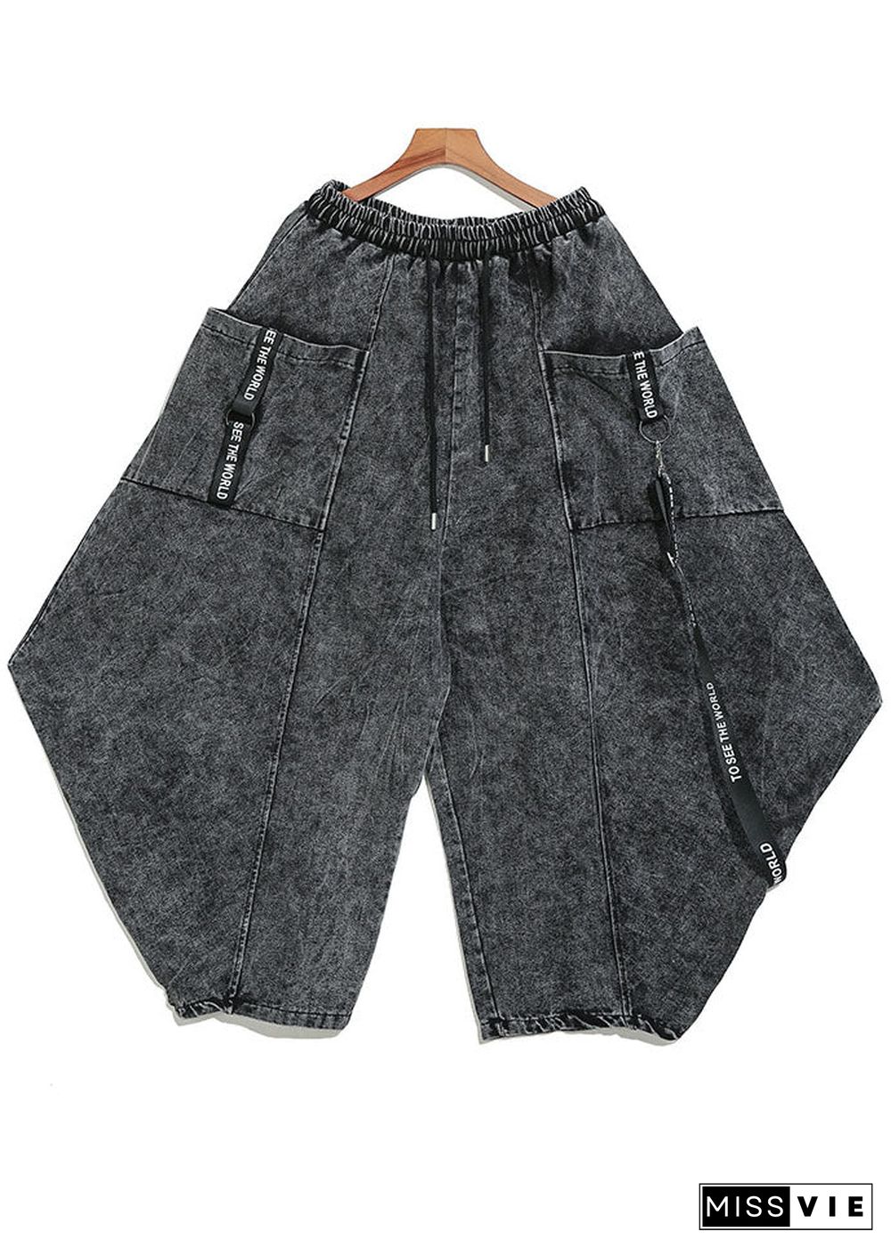 Beautiful Black Grey Cinched Patchwork denim Pants Trousers Spring