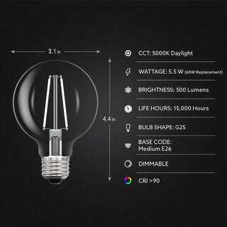 Feit Electric 60-Watt Equivalent G25 Dimmable White Filament CEC Clear Glass LED Globe Light Bulb Daylight 5000K (3-Pack) G2560950CAWFILHDRP3