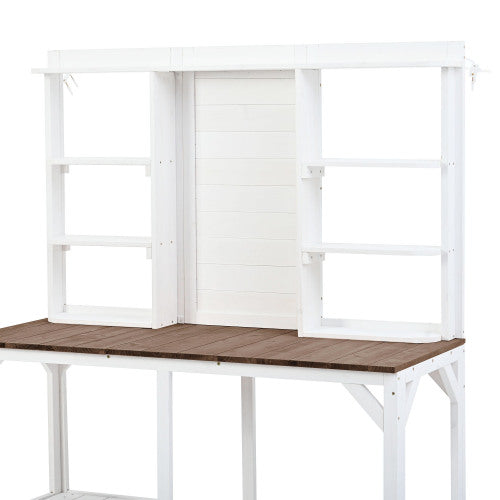 Saim Outdoor Potting Bench Table, 64.6" Large Wood Workstation with 6-Tier Shelves, Large Table top and Side Hook for Mudroom, Backyard, White