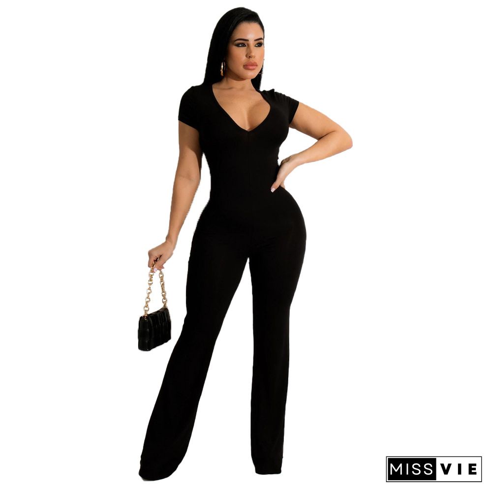 Short Sleeve V-neck Solid Flare Jumpsuit