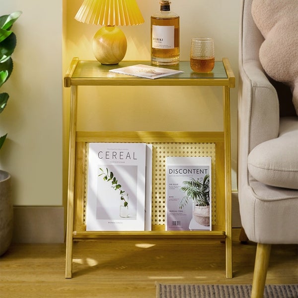 Bamboo Glass-top End Table with Rattan-like Magazine Rack