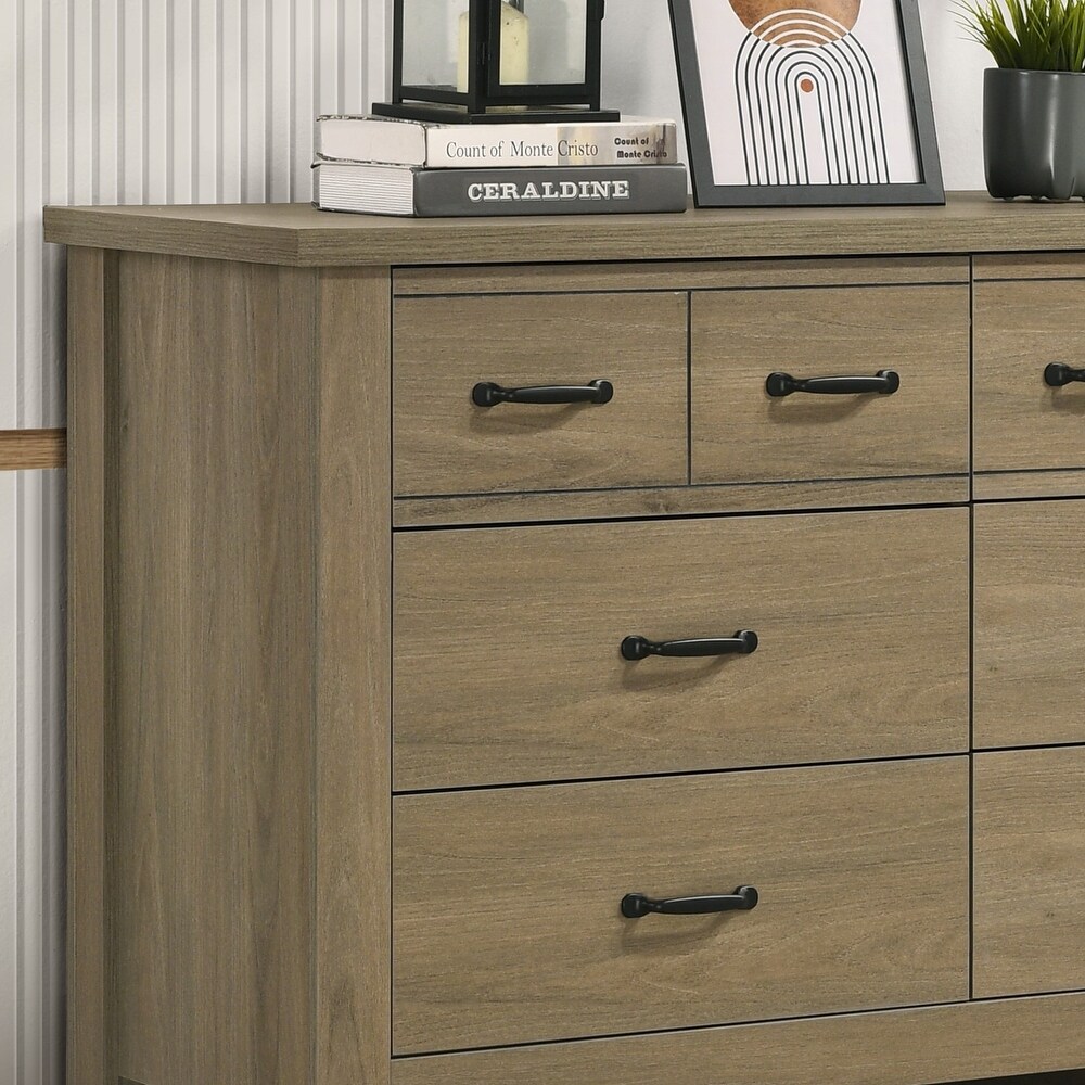 Oak Finish Dresser with 6 Drawers and Black Handles