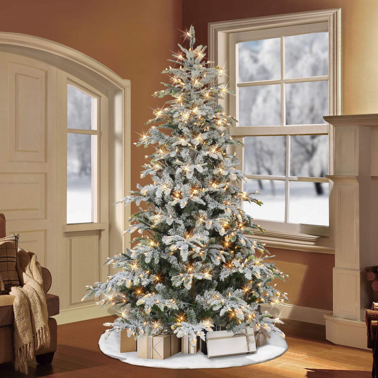 Puleo International 7.5-ft. Pre-Lit Flocked Aspen Fir Artificial Christmas Tree