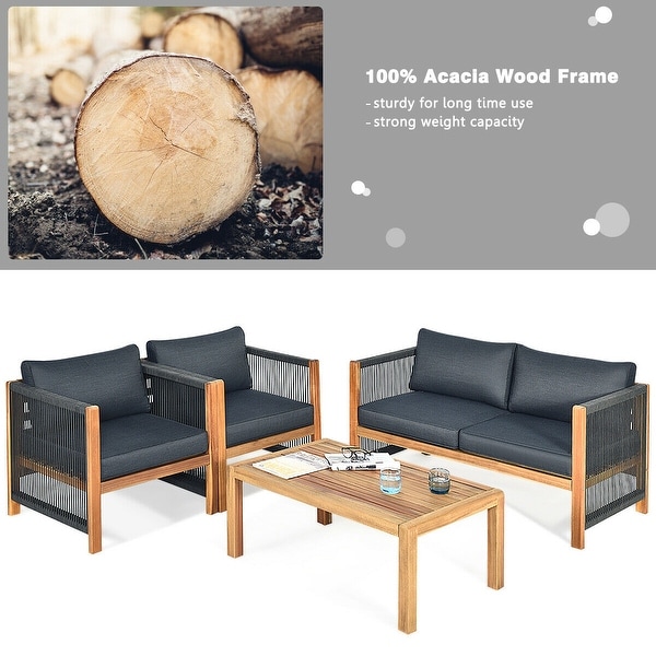 Gymax 4PCS Acacia Wood Outdoor Patio Furniture Set Cushioned Sofa