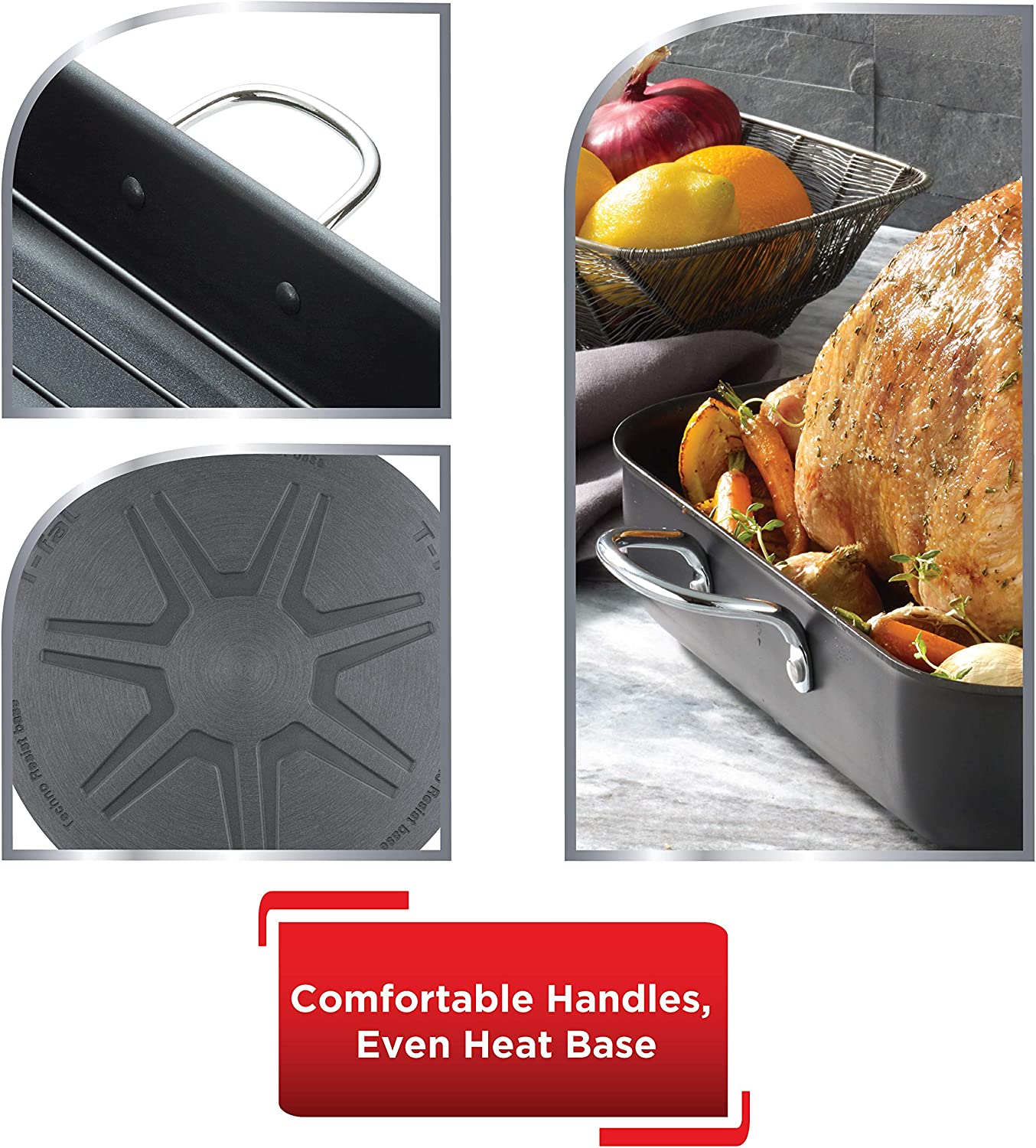 T-fal J145S2 Ultimate Hard Anodized， Nonstick 16 In. x 13 In. Roaster with Rack， Black， ， 16 Inch x 13 Inch， Grey