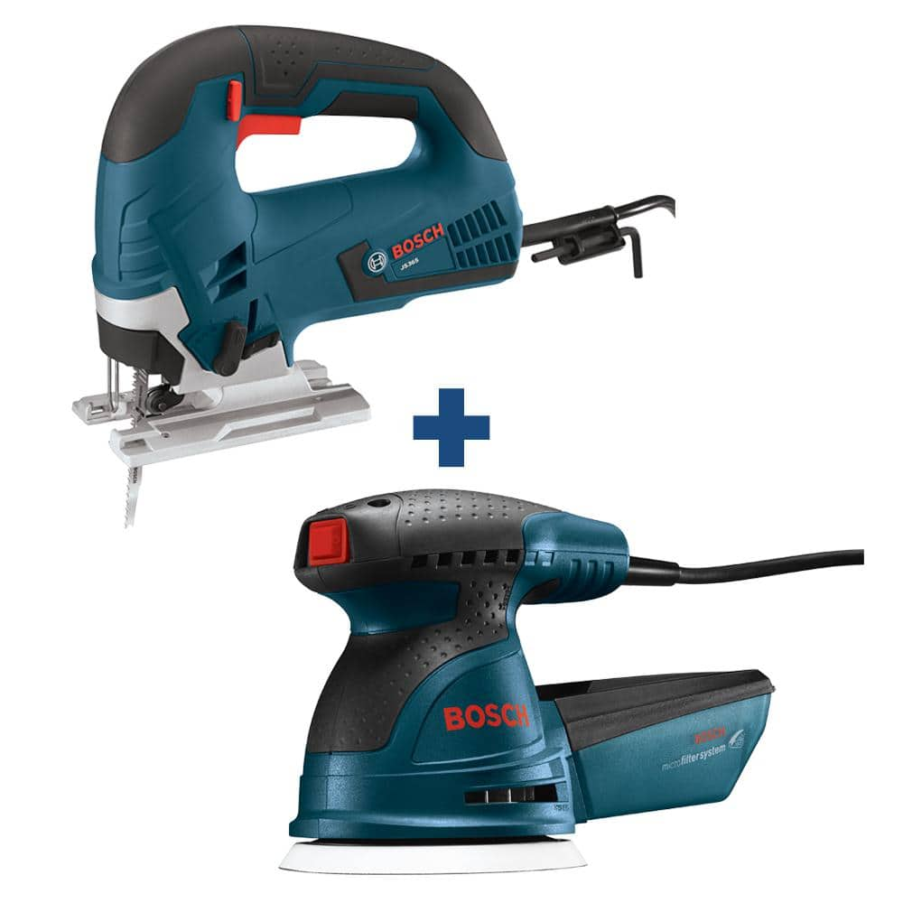 Bosch 6.5 Amp Corded Variable Speed Jig Saw Kit with Bonus 2.5 Amp Corded Random Orbital Sander/Polisher Kit and Case JS365+ROS20VSK