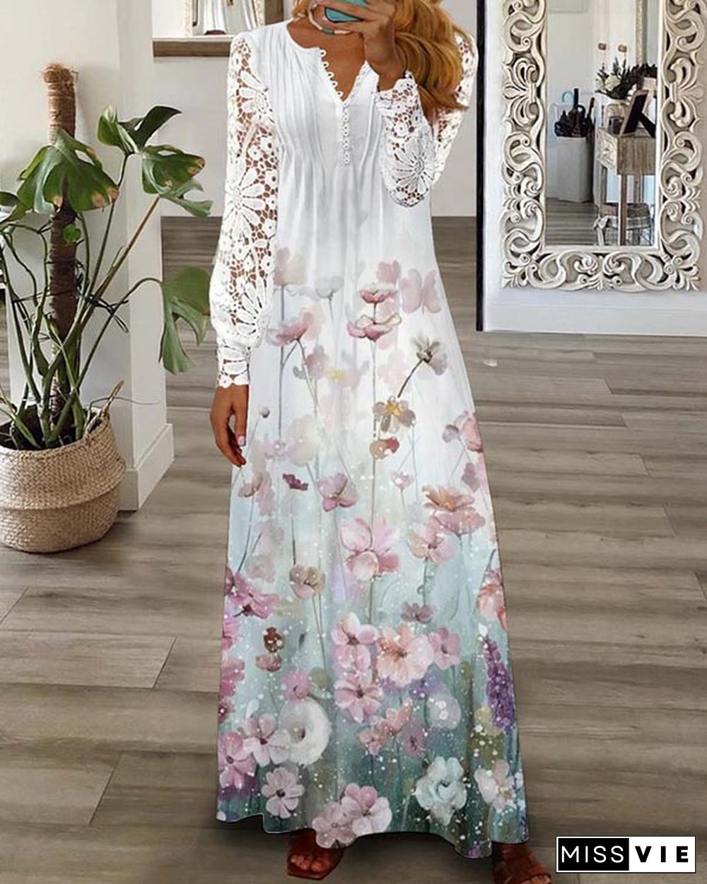 Casual Loose Half Open Neck Lace Floral Dress