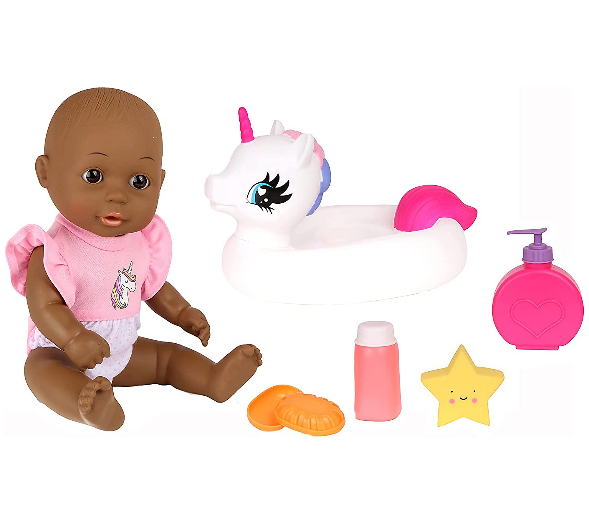 Bath Time 12 Baby Doll with Unicorn Floatie -African America