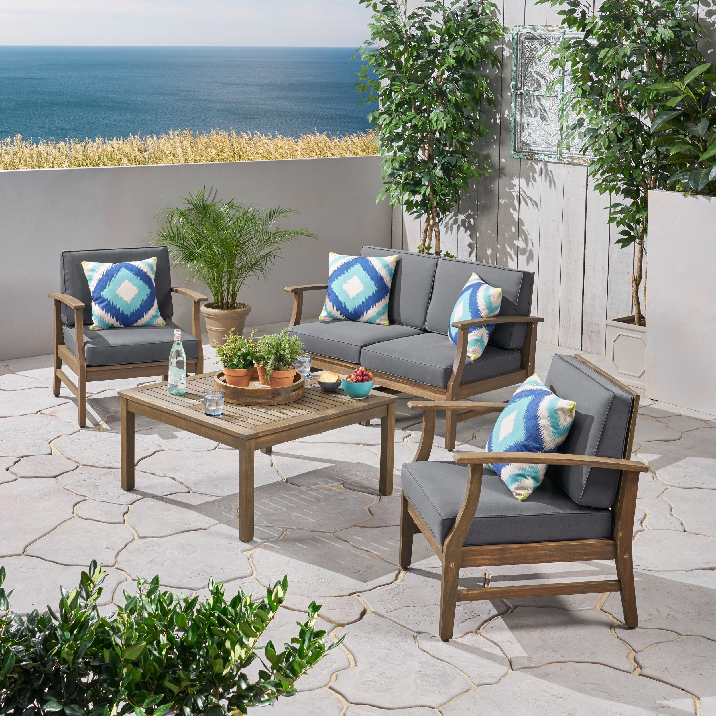 Lorelei Outdoor 5 Piece Acacia Wood Chat Set