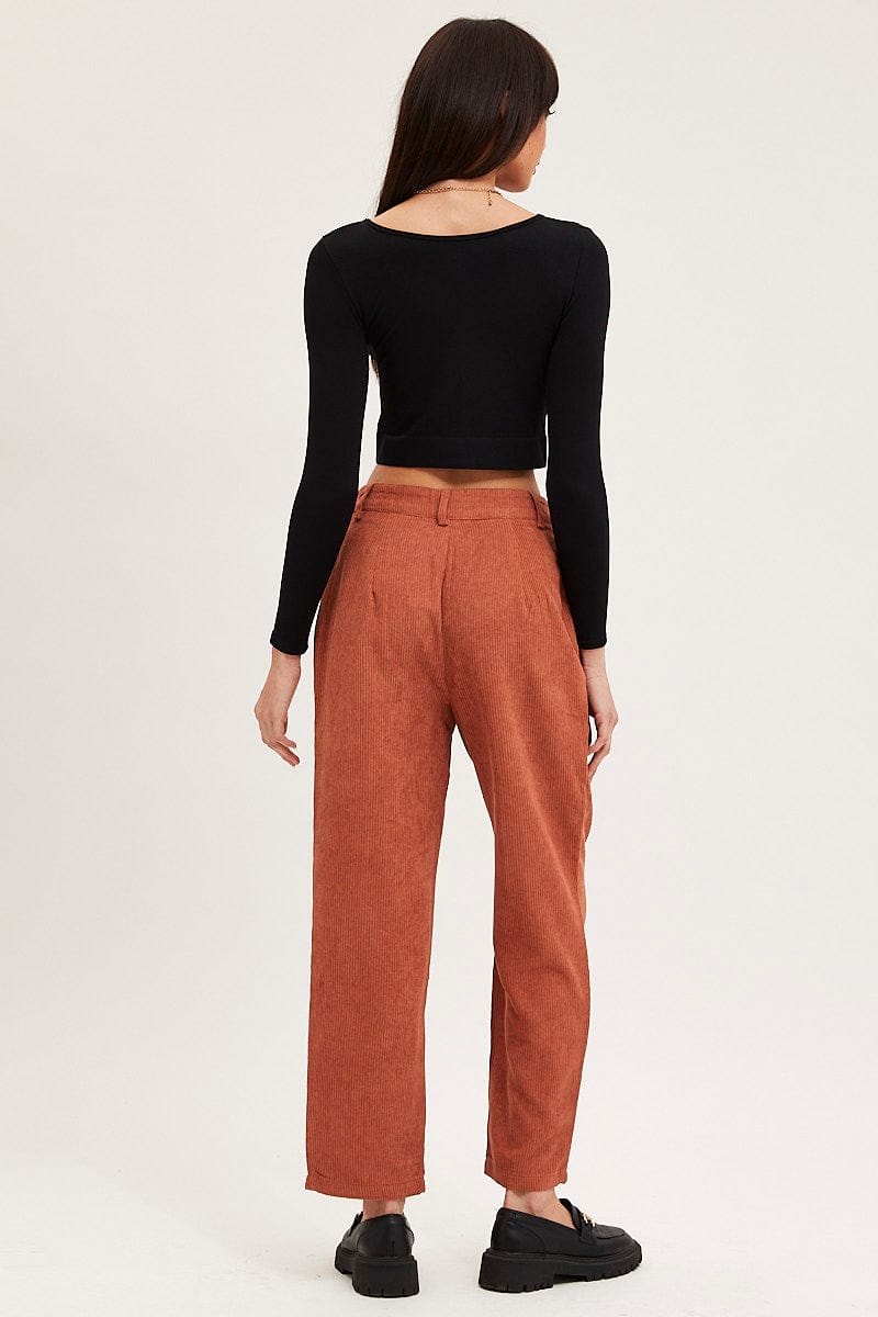 Brown Wide Leg Pants Mid Rise Corduroy