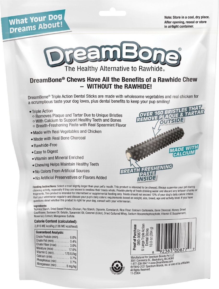 DreamBone Triple Action Dental Sticks Charcoal Dog Dental Treat， 10-oz bag， 6 count